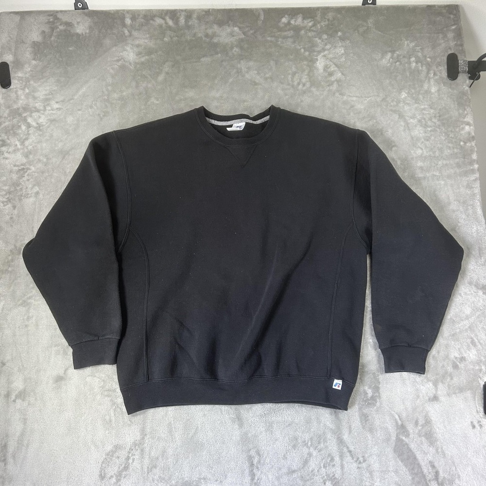 Russell Athletic‎ Sweatshirt Mens Large Black Fleece Pullover Crew Neck Solid